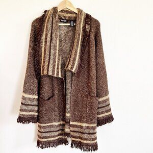 Wrangler Retro Sweater L/XL Brown Duster Open Front Fringe Western Boho